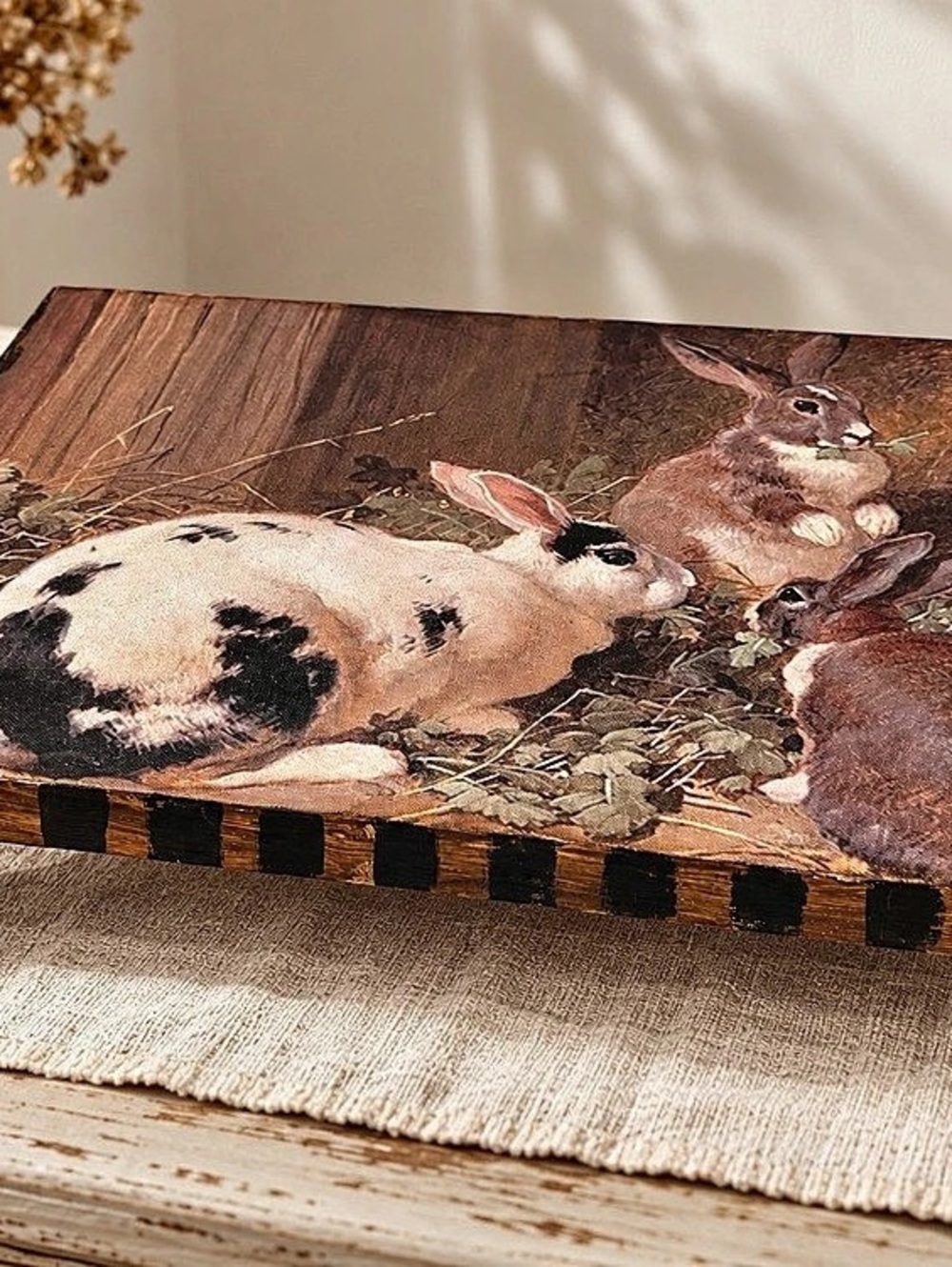 Vintage Rabbit Artwork Wooden Display Riser